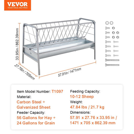 Livestock Hay Feeder, 2 in 1 Grain & Hay Feeder, 80-Gallon Capacity Pasture Feeder, 59" Long Goat Hay Feeder with Deeper Feeding Pan, Heavy Duty Steel Grain & Hay Holder for Sheep Farms Sheds.