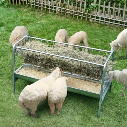Livestock Hay Feeder, 2 in 1 Grain & Hay Feeder, 80-Gallon Capacity Pasture Feeder, 59" Long Goat Hay Feeder with Deeper Feeding Pan, Heavy Duty Steel Grain & Hay Holder for Sheep Farms Sheds.