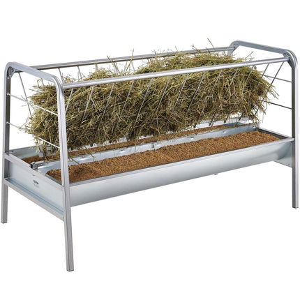 Livestock Hay Feeder, 2 in 1 Grain & Hay Feeder, 80-Gallon Capacity Pasture Feeder, 59" Long Goat Hay Feeder with Deeper Feeding Pan, Heavy Duty Steel Grain & Hay Holder for Sheep Farms Sheds.