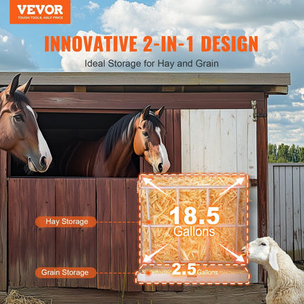 Goat Hay Feeder, 21 Gallons Large Capacity, 2 in 1 Hay and Grain Feeder, Wall Mounted Livestock Feeder with Feed Tray, Multiple Sided Goat Hay Rack, Sturdy Steel Hay Rack for Sheep Horses.