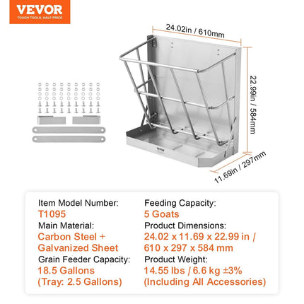 Goat Hay Feeder, 21 Gallons Large Capacity, 2 in 1 Hay and Grain Feeder, Wall Mounted Livestock Feeder with Feed Tray, Multiple Sided Goat Hay Rack, Sturdy Steel Hay Rack for Sheep Horses.