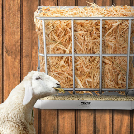 Goat Hay Feeder, 21 Gallons Large Capacity, 2 in 1 Hay and Grain Feeder, Wall Mounted Livestock Feeder with Feed Tray, Multiple Sided Goat Hay Rack, Sturdy Steel Hay Rack for Sheep Horses.