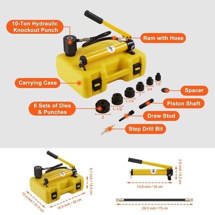 10 Ton Hydraulic Knockout Punch Kit, 1/2" to 2" Conduit Hole Cutter Set, KO Tool Kits with Puncher 6 Piece, Metal Sheet Driver Tools, For Aluminum, Brass, Stainless Steel, Fiberglass and Plastic.