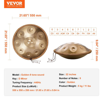 Handpan Drum 22 in 9 Notes D Minor Steel Hand Drum with Mallets for Adult.