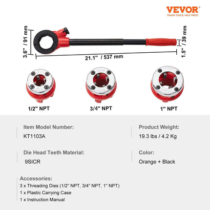 Ratchet Pipe Threader Kit, 1/2" NPT, 3/4" NPT, 1" NPT Manual Ratcheting Pipe Threader, Portable Pipe Threading Tool Set with 3PCS NPT Dies, Storage Case for Galvanized Aluminum Iron Copper Pipes.