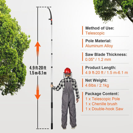 Manual Pole Saw Extendable Tree Pruner 1.5 m-6.1 m Aluminum Alloy Pole.