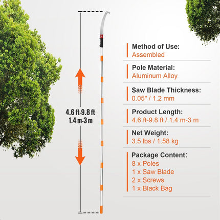 Manual Pole Saw Extendable Tree Pruner 1.4 m-3 m Aluminum Alloy Pole.