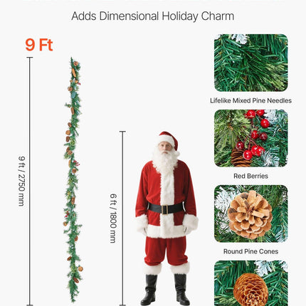 Christmas Garland, 2750mm Artificial Christmas Garland with Light String, Faux Greenery Decoration with Berry Clusters, Pine Needles, Pine Cones, Realistic Xmas Collection for Mantel Fireplace.