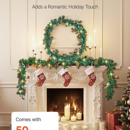 Christmas Garland, 2750mm Artificial Christmas Garland with Light String, Faux Greenery Decoration with Berry Clusters, Pine Needles, Pine Cones, Realistic Xmas Collection for Mantel Fireplace.