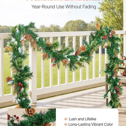 Christmas Garland, 2750mm Artificial Christmas Garland with Light String, Faux Greenery Decoration with Berry Clusters, Pine Needles, Pine Cones, Realistic Xmas Collection for Mantel Fireplace.