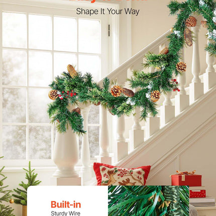 Christmas Garland, 2750mm Artificial Christmas Garland with Light String, Faux Greenery Decoration with Berry Clusters, Pine Needles, Pine Cones, Realistic Xmas Collection for Mantel Fireplace.