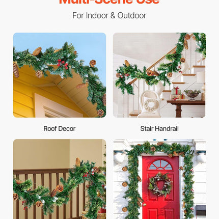 Christmas Garland, 2750mm Artificial Christmas Garland with Light String, Faux Greenery Decoration with Berry Clusters, Pine Needles, Pine Cones, Realistic Xmas Collection for Mantel Fireplace.