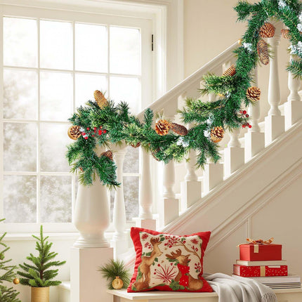 Christmas Garland, 2750mm Artificial Christmas Garland with Light String, Faux Greenery Decoration with Berry Clusters, Pine Needles, Pine Cones, Realistic Xmas Collection for Mantel Fireplace.