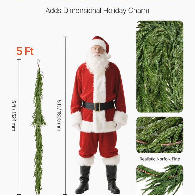 Christmas Garland, 1524 mm Realistic Norfolk Pine Garland, Evergreen Real Touch Artificial Faux Greenery Garlands, for Holiday Indoor Outdoor Xmas Decoration on Table, Mantel, and Fireplace.