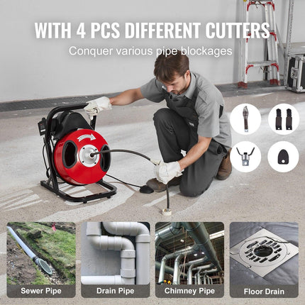 Drain Cleaner Machine 50FT x 1/2Inch Manual Feed Snake Auger with 4 Cutter.
