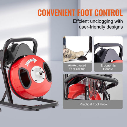 Drain Cleaner Machine 50FT x 1/2Inch Manual Feed Snake Auger with 4 Cutter.