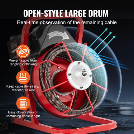 Drain Cleaner Machine Drain Auger 50FT x 3/8 Inch Manual Feed & 4 Cutters.