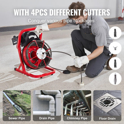 Drain Cleaner Machine Drain Auger 50FT x 3/8 Inch Manual Feed & 4 Cutters.