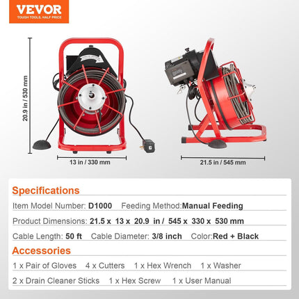 Drain Cleaner Machine Drain Auger 50FT x 3/8 Inch Manual Feed & 4 Cutters.