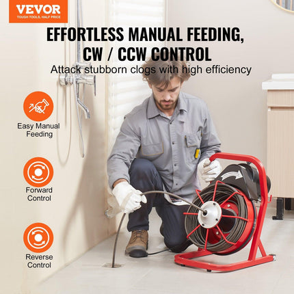 VEVOR Drain Cleaner Machine Drain Auger 75FT x 3/8 Inch Manual Feed & 4 Cutters.