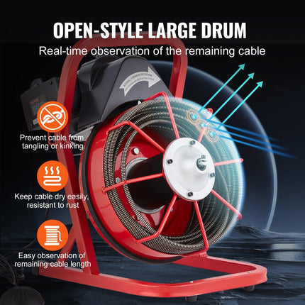 VEVOR Drain Cleaner Machine Drain Auger 75FT x 3/8 Inch Manual Feed & 4 Cutters.