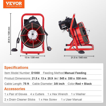 VEVOR Drain Cleaner Machine Drain Auger 75FT x 3/8 Inch Manual Feed & 4 Cutters.