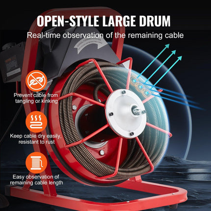 Drain Cleaner Machine Drain Auger 50FT x 1/2 Inch Manual Feed & 4 Cutters.