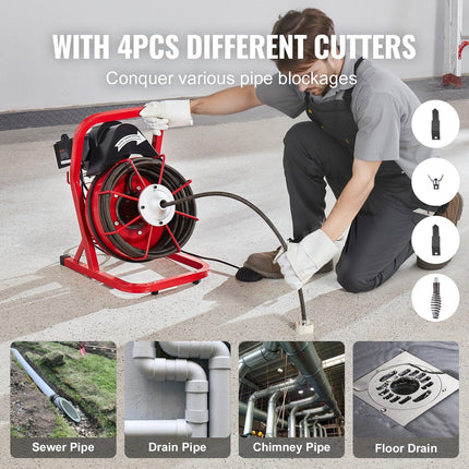 Drain Cleaner Machine Drain Auger 50FT x 1/2 Inch Manual Feed & 4 Cutters.