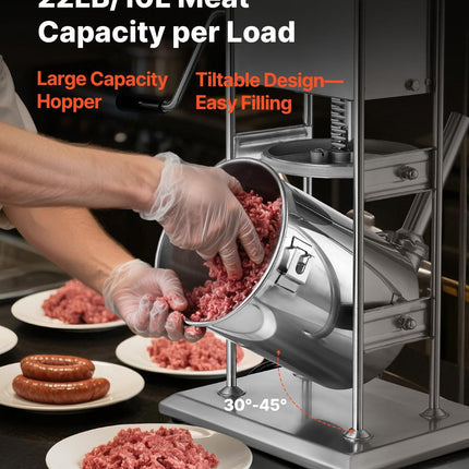Manual Sausage Stuffer, 22 LBS / 10 L Vertical Meat Stuffer, Dual-Speed Sausage Casing Meat Filling Machine, Stainless Steel Heavy Duty Filler with 5 Stuffing Tubes, for Commercial & Home Use.