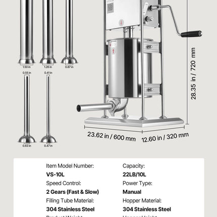 Manual Sausage Stuffer, 22 LBS / 10 L Vertical Meat Stuffer, Dual-Speed Sausage Casing Meat Filling Machine, Stainless Steel Heavy Duty Filler with 5 Stuffing Tubes, for Commercial & Home Use.