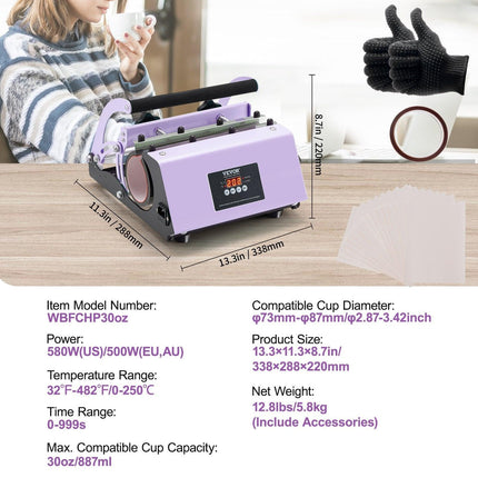 Tumbler Heat Press Machine 11-30oz Mug Press Sublimation Tumblers Purple.