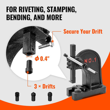 Arbor Press, 1 Ton Manual Arbor Press, 5.9" Maximum Height, Cast Iron Heavy-duty Manual Desktop Arbor Press, Precision Hand Press for Stamping, Bending, Stretching, Forming.
