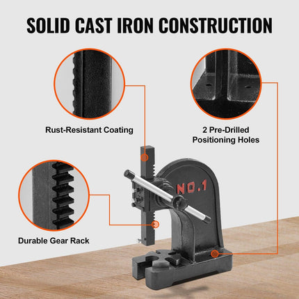 Arbor Press, 1 Ton Manual Arbor Press, 5.9" Maximum Height, Cast Iron Heavy-duty Manual Desktop Arbor Press, Precision Hand Press for Stamping, Bending, Stretching, Forming.