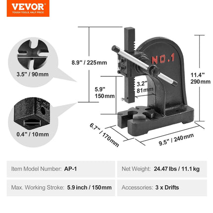 Arbor Press, 1 Ton Manual Arbor Press, 5.9" Maximum Height, Cast Iron Heavy-duty Manual Desktop Arbor Press, Precision Hand Press for Stamping, Bending, Stretching, Forming.
