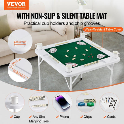 Mahjong Table, 4 Player Folding Domino Table with Wear-Resistant Green Tabletop, Portable Square Card Table with 4 Cup Holders & 4 Chip Trays for Mahjong Poker Puzzles, 90 x90-inch.