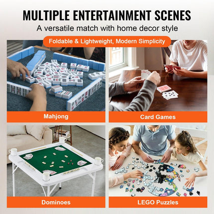 Mahjong Table, 4 Player Folding Domino Table with Wear-Resistant Green Tabletop, Portable Square Card Table with 4 Cup Holders & 4 Chip Trays for Mahjong Poker Puzzles, 90 x90-inch.
