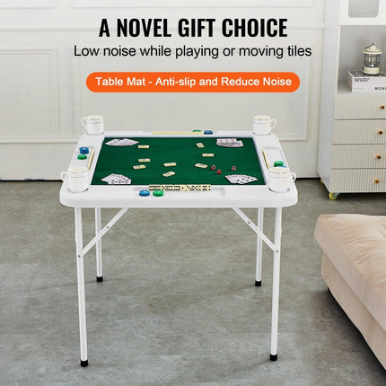 Mahjong Table, 4 Player Folding Domino Table with Wear-Resistant Green Tabletop, Portable Square Card Table with 4 Cup Holders & 4 Chip Trays for Mahjong Poker Puzzles, 90 x90-inch.