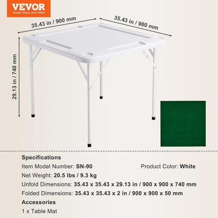 Mahjong Table, 4 Player Folding Domino Table with Wear-Resistant Green Tabletop, Portable Square Card Table with 4 Cup Holders & 4 Chip Trays for Mahjong Poker Puzzles, 90 x90-inch.
