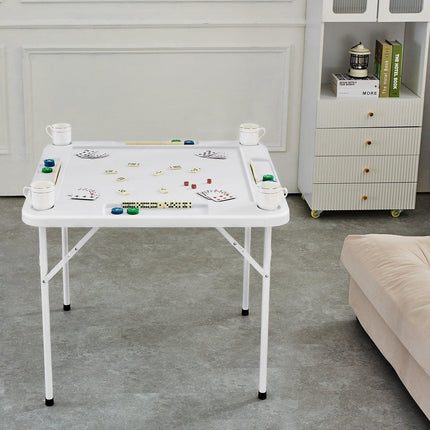 Mahjong Table, 4 Player Folding Domino Table with Wear-Resistant Green Tabletop, Portable Square Card Table with 4 Cup Holders & 4 Chip Trays for Mahjong Poker Puzzles, 90 x90-inch.