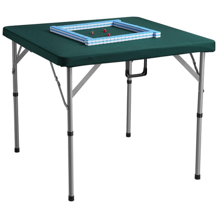 Mahjong Table with Mahjong Tiles Set, Fold-in-Half 4 Player Card Table with 144PCS Majiang Tiles and 3 Dice, Portable Bi-Folding Domino Table with Wear-Resistant Green Tabletop & Carrying Handle.
