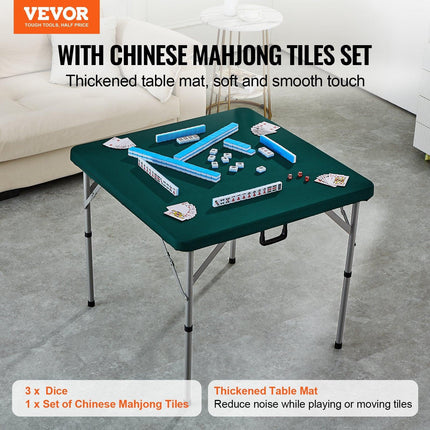 Mahjong Table with Mahjong Tiles Set, Fold-in-Half 4 Player Card Table with 144PCS Majiang Tiles and 3 Dice, Portable Bi-Folding Domino Table with Wear-Resistant Green Tabletop & Carrying Handle.