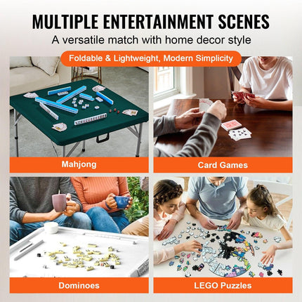 Mahjong Table with Mahjong Tiles Set, Fold-in-Half 4 Player Card Table with 144PCS Majiang Tiles and 3 Dice, Portable Bi-Folding Domino Table with Wear-Resistant Green Tabletop & Carrying Handle.
