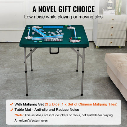 Mahjong Table with Mahjong Tiles Set, Fold-in-Half 4 Player Card Table with 144PCS Majiang Tiles and 3 Dice, Portable Bi-Folding Domino Table with Wear-Resistant Green Tabletop & Carrying Handle.