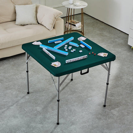Mahjong Table with Mahjong Tiles Set, Fold-in-Half 4 Player Card Table with 144PCS Majiang Tiles and 3 Dice, Portable Bi-Folding Domino Table with Wear-Resistant Green Tabletop & Carrying Handle.