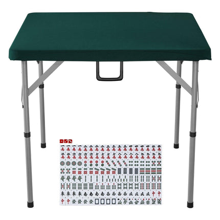 Mahjong Table with Mahjong Tiles Set, Fold-in-Half 4 Player Card Table with 144PCS Majiang Tiles and 3 Dice, Portable Bi-Folding Domino Table with Wear-Resistant Green Tabletop & Carrying Handle.