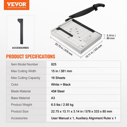 Paper Cutter, Guillotine Trimmer, 381 mm Cut Length, 16 Sheets Capacity, Heavy Duty Guillotine Paper Cutter with Guard Rail/Blade Lock for Cardstock/Cardboard, Paper Trimmer for Home Office.