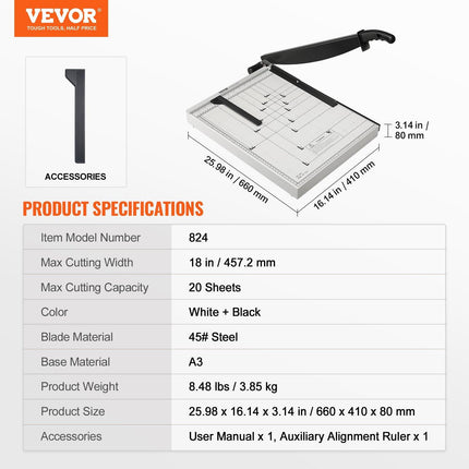 Paper Cutter, Guillotine Trimmer, 457 mm Cut Length, 20 Sheets Capacity, Heavy Duty Guillotine Paper Cutter with Guard Rail/Blade Lock for Cardstock/Cardboard, Paper Trimmer for Home Office.