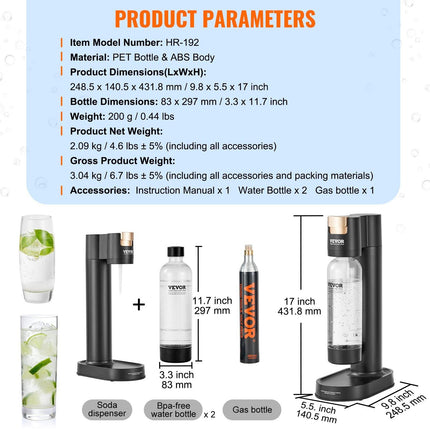 Sparkling Water Maker, Soda Maker Machine for Home Carbonating, Seltzer Water Starter Kit with 2 BPA-free 1L PET Bottles, CO2 Cylinder, Compatible with Mainstream Screw-in 60L CO2 Cylinder.