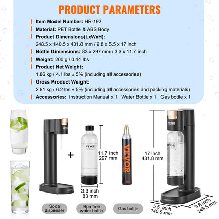 Sparkling Water Maker, Soda Maker Machine for Home Carbonating, Seltzer Water Starter Kit with BPA-free 1L PET Bottle, CO2 Cylinder, Compatible with Mainstream Screw-in 60L CO2 Cylinder.