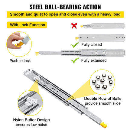 Drawer Slides with Lock, 1 Pair 40 inch, Heavy-Duty Industrial Steel up to 500 lbs Capacity, 3-Fold Full Extension, Ball Bearing Lock-in & Lock-Out, Side Mount.